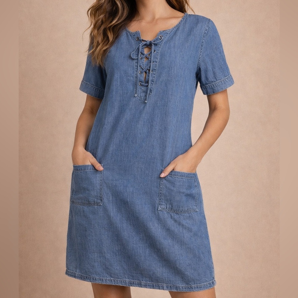 Zara Chambray Lace Up Shift Dress Short Sleeve Denim Dress With Pockets Size L
